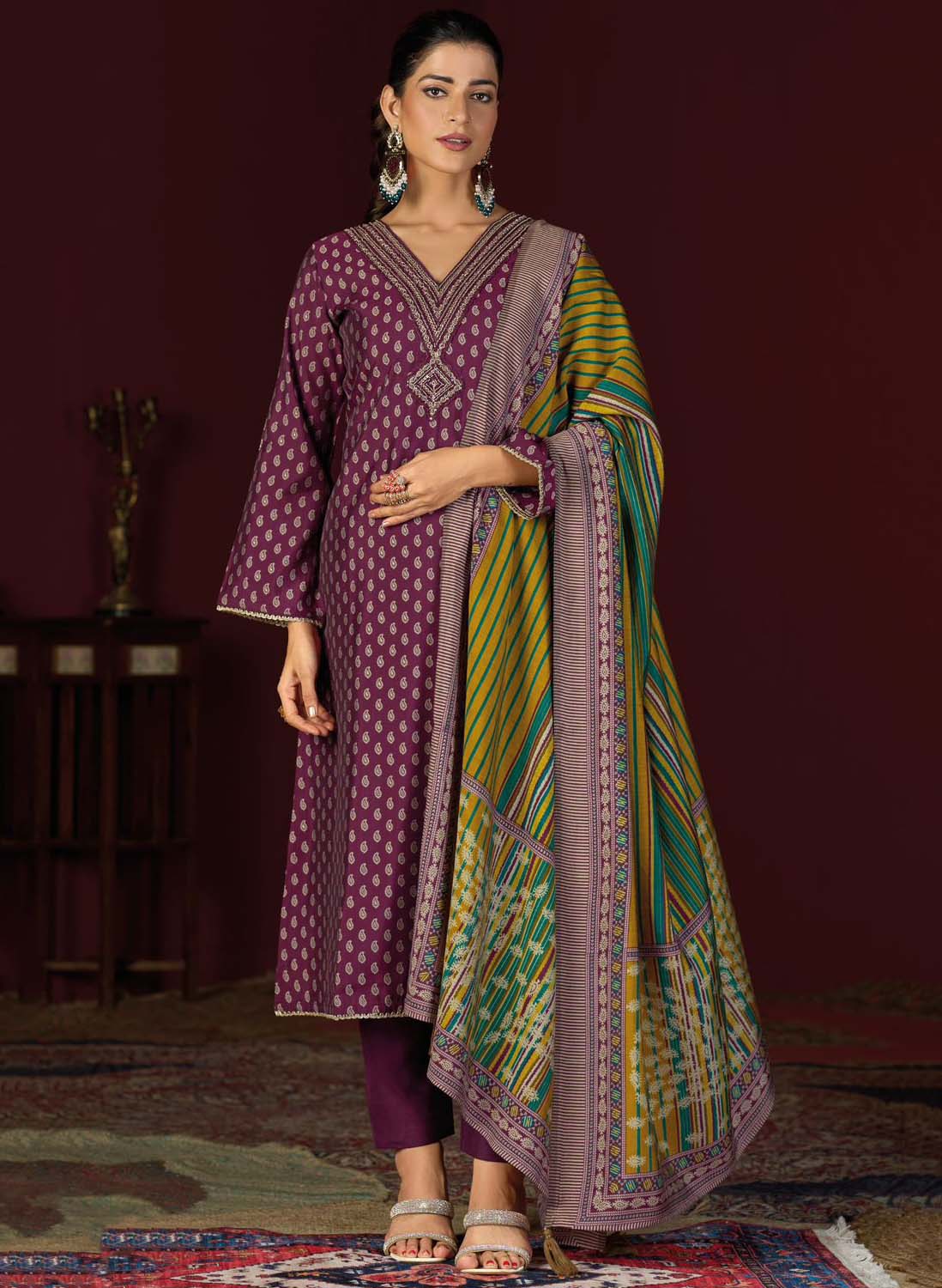 Party Wear Muslin Silk Purple Unstitched Suit Set Material with Embroidery
