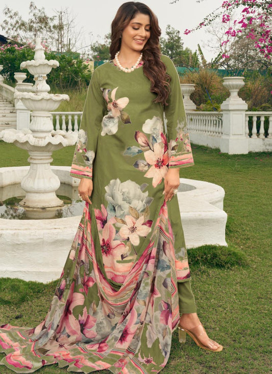 Green Pashmina Winter Unstitched Salwar Suit Set Material for Women