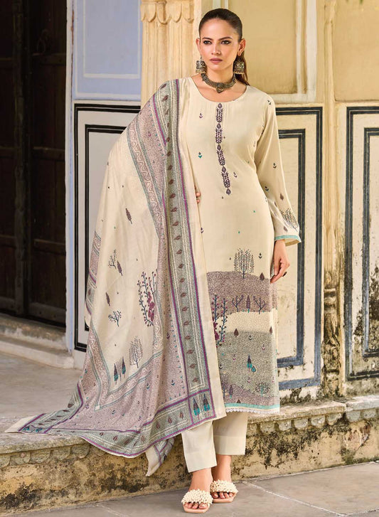 Fancy Cream Color Muslin Silk Unstitched Salwar Suit Material for Women
