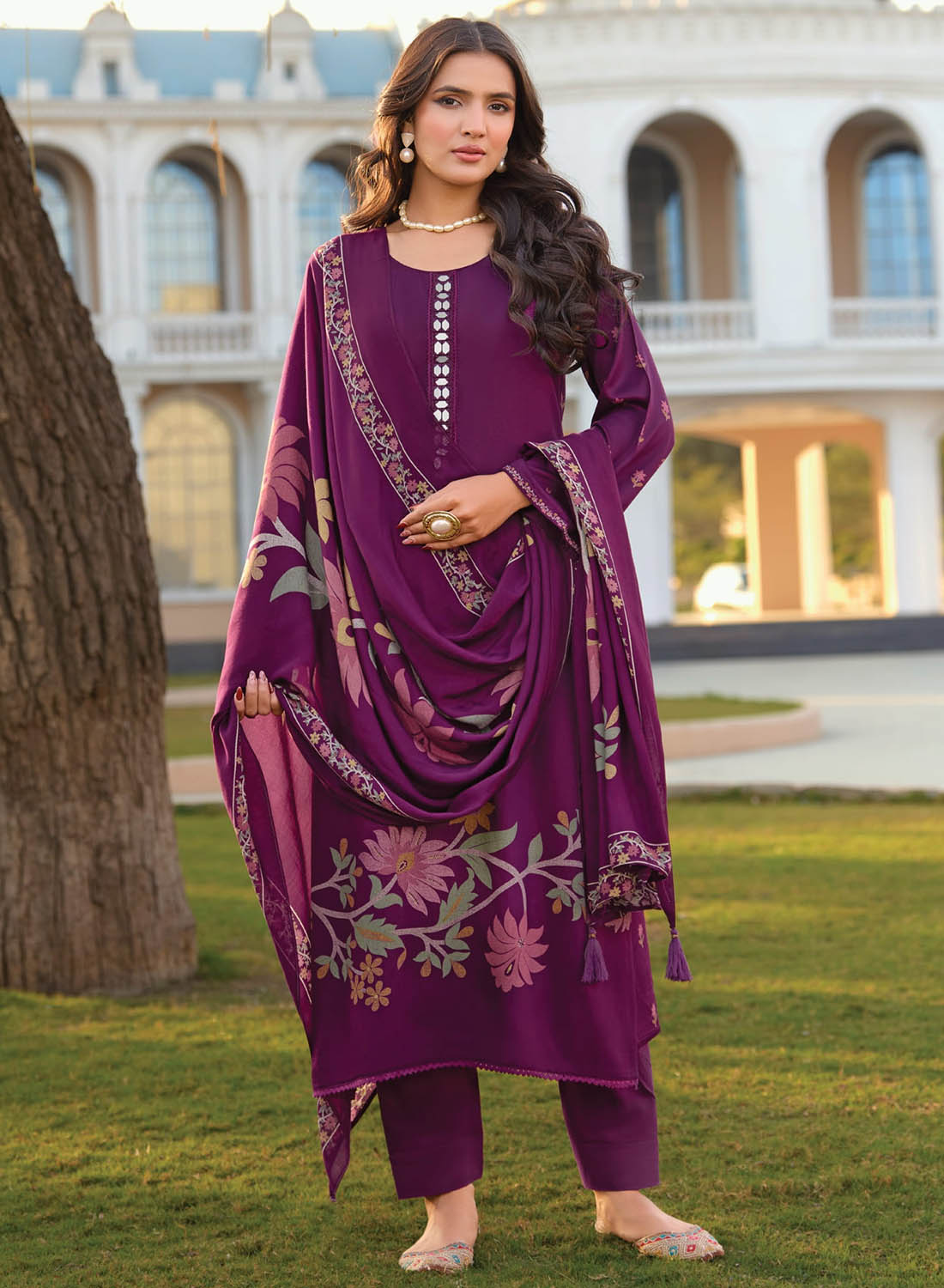 Party Wear Muslin Silk Purple Unstitched Salwar Suit Material for Women
