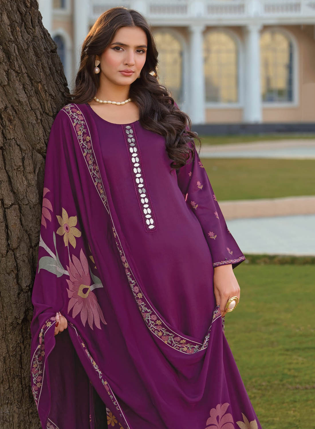 Party Wear Muslin Silk Purple Unstitched Salwar Suit Material for Women