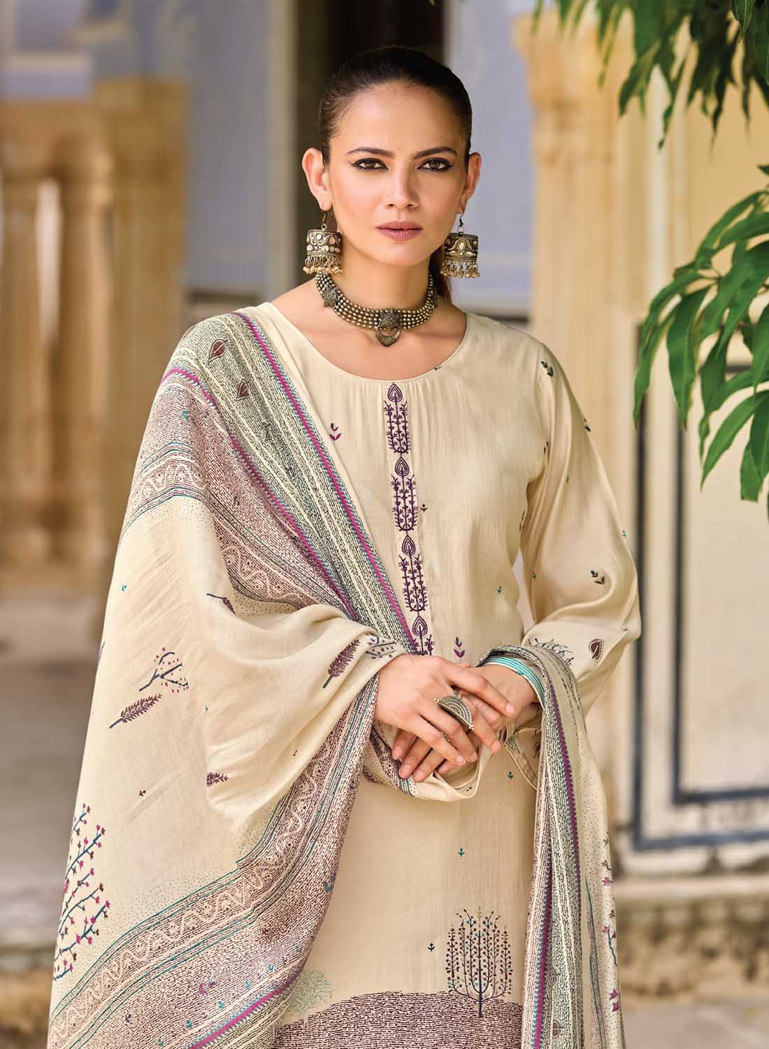 Fancy Cream Color Muslin Silk Unstitched Salwar Suit Material for Women