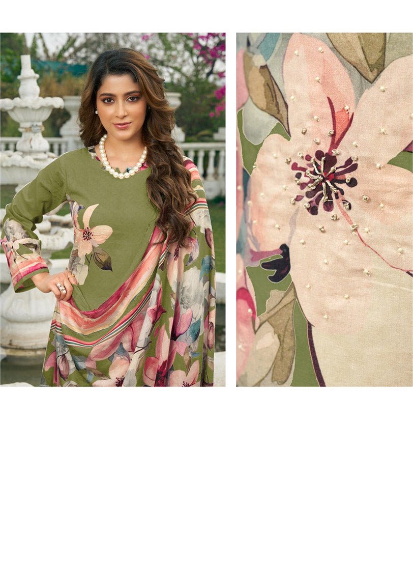 Green Pashmina Winter Unstitched Salwar Suit Set Material for Women