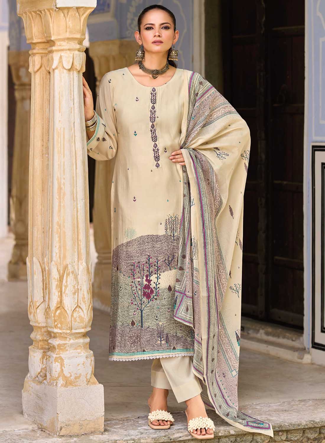 Fancy Cream Color Muslin Silk Unstitched Salwar Suit Material for Women