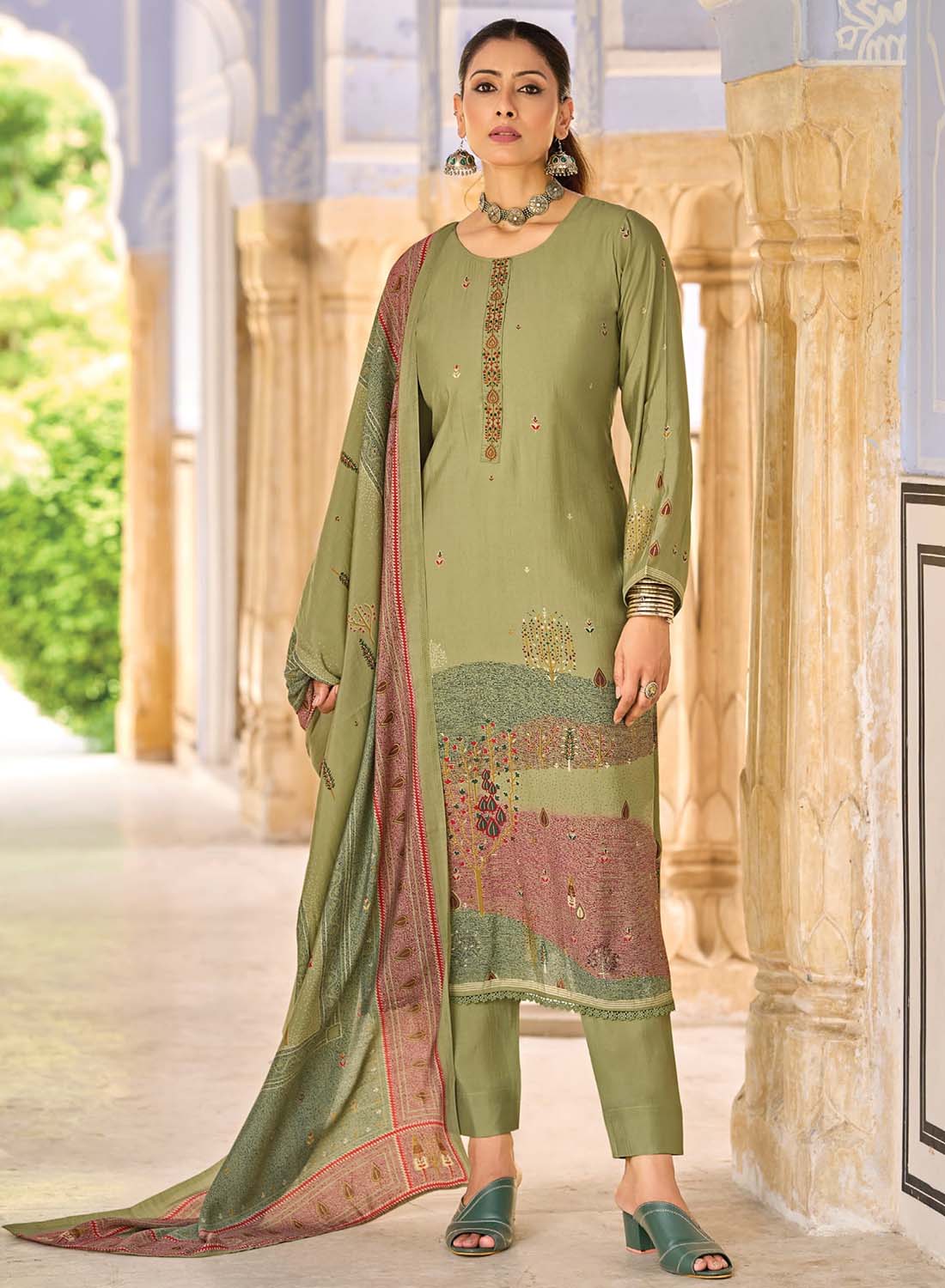 Fancy Green Muslin Silk Unstitched Salwar Suit Material for Women