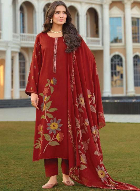 Party Wear Muslin Silk Maroon Unstitched Salwar Suit Material for Women