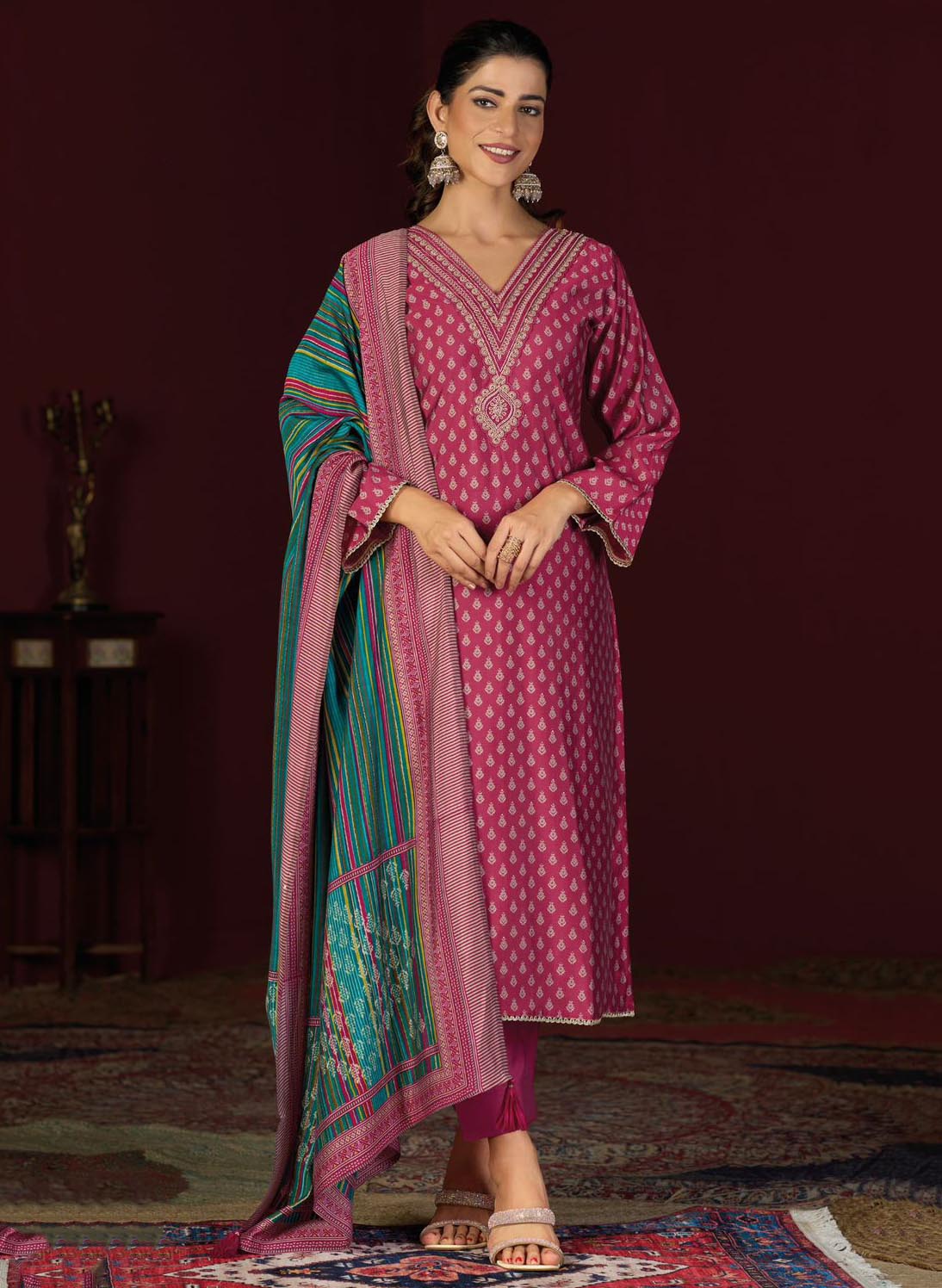 Party Wear Muslin Silk Pink Unstitched Suit Set Material with Embroidery