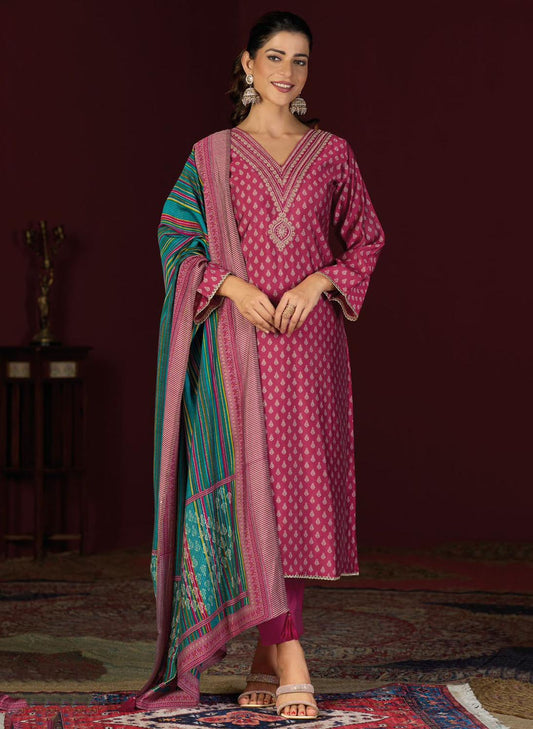 Party Wear Muslin Silk Pink Unstitched Suit Set Material with Embroidery