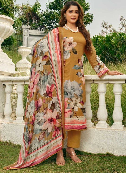 Mustard Brown Pashmina Winter Unstitched Salwar Suit Set Dress Material
