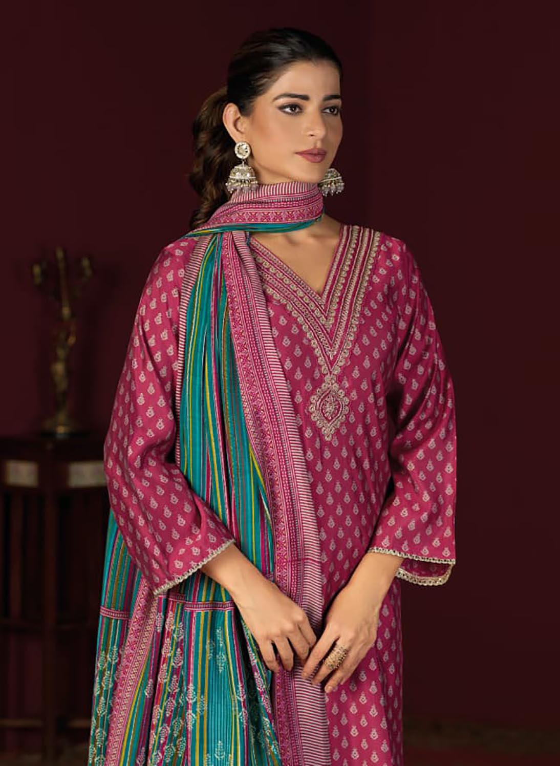 Party Wear Muslin Silk Pink Unstitched Suit Set Material with Embroidery