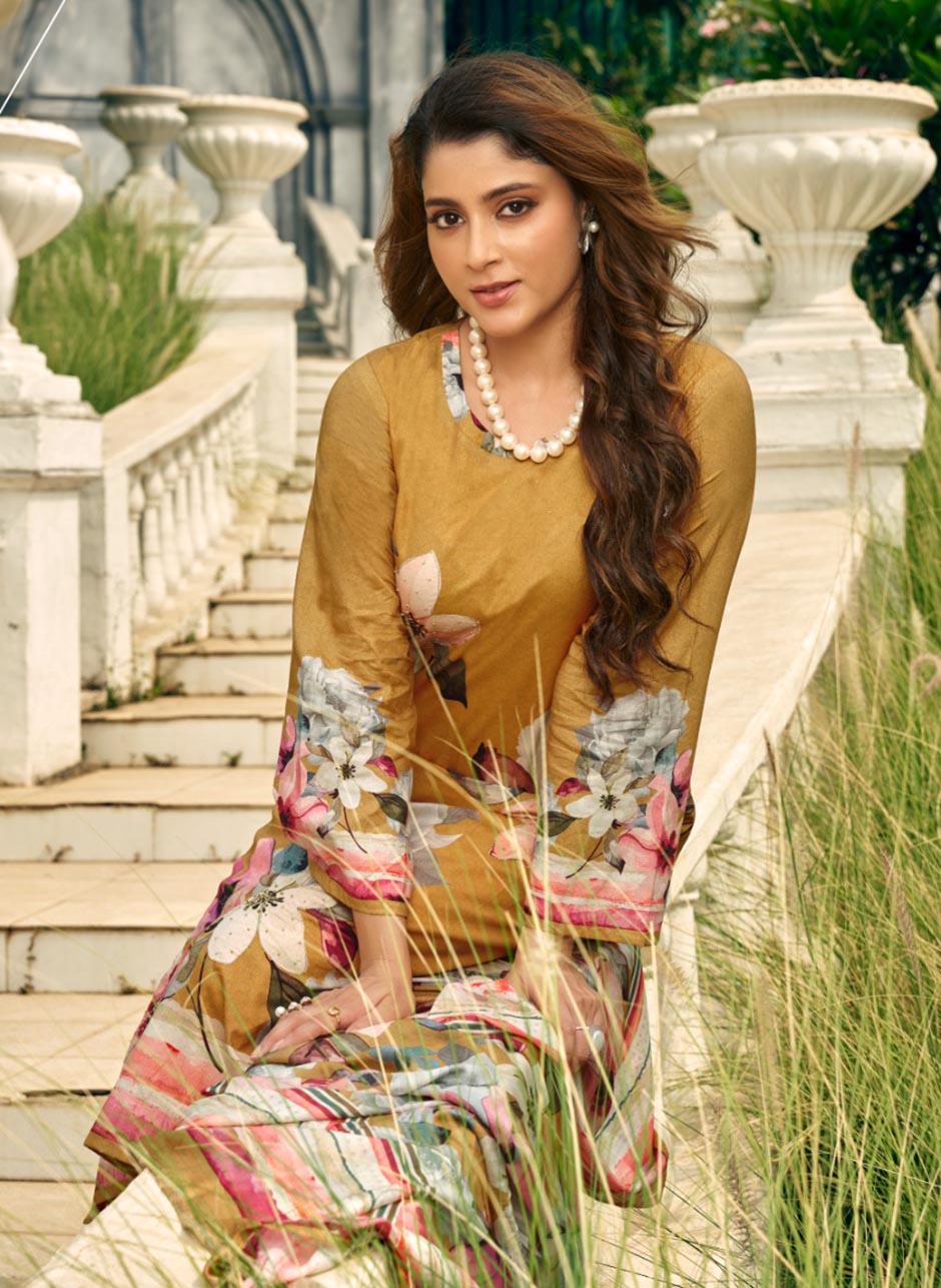 Mustard Brown Pashmina Winter Unstitched Salwar Suit Set Dress Material