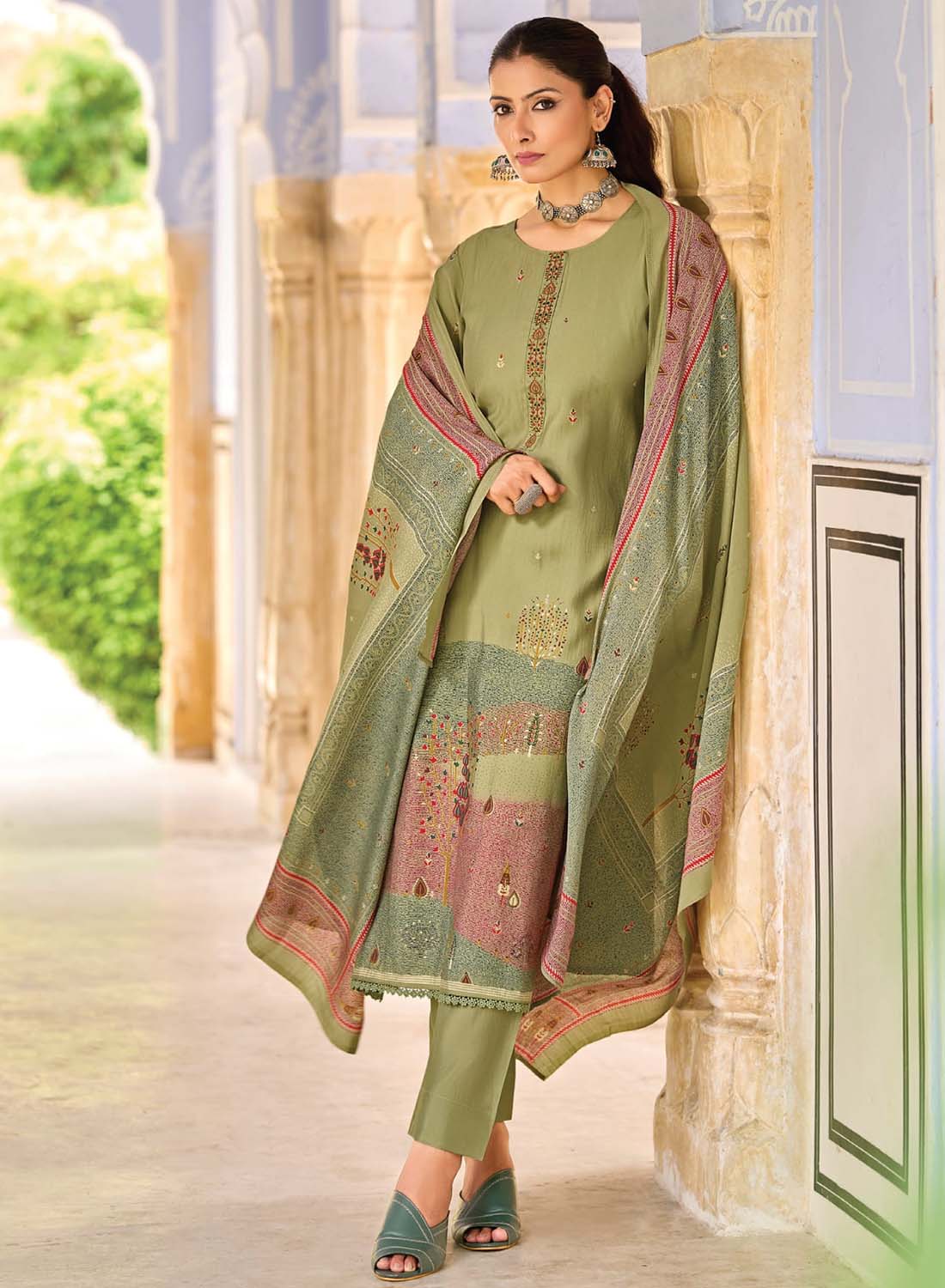 Fancy Green Muslin Silk Unstitched Salwar Suit Material for Women