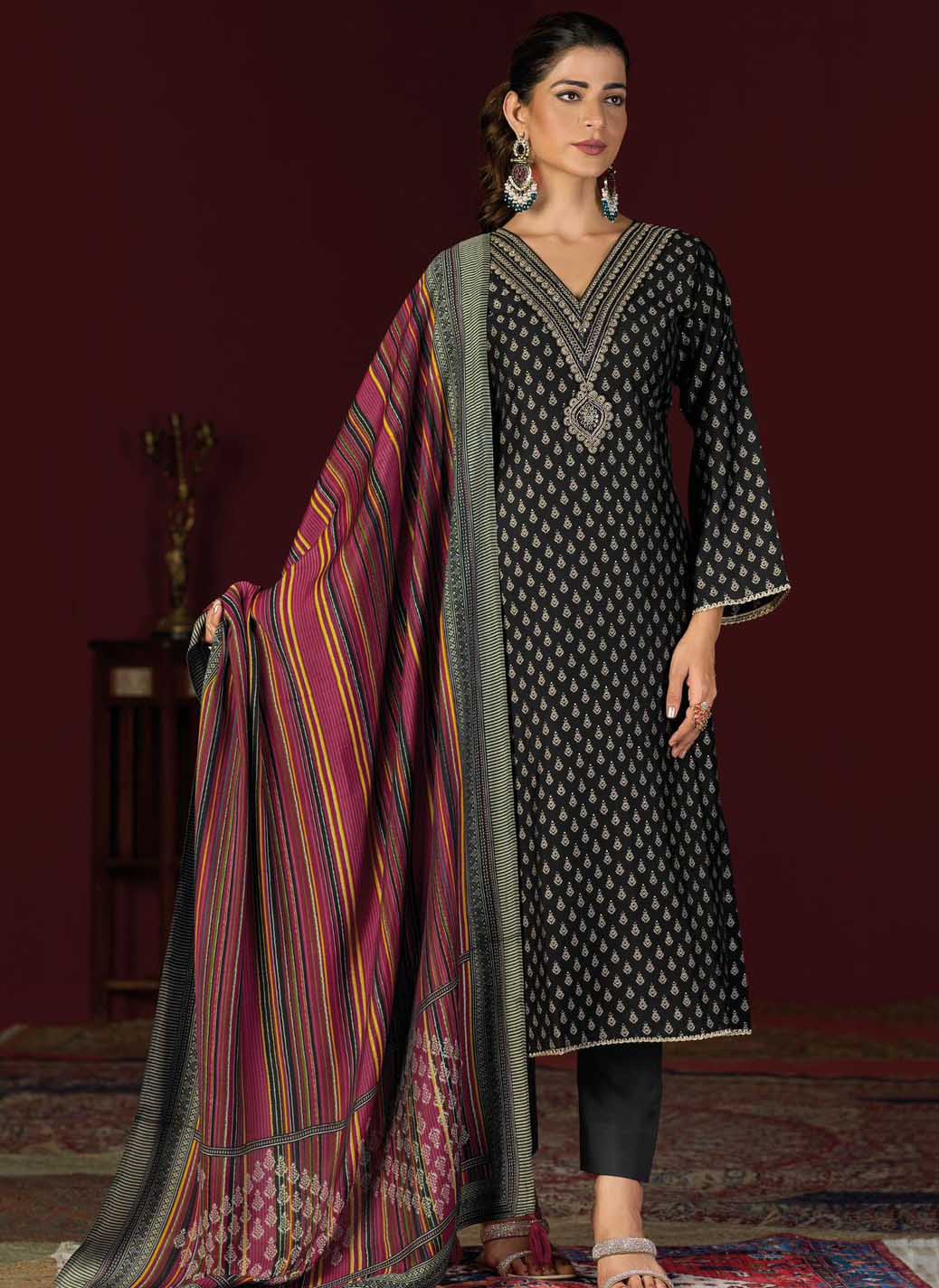 Party Wear Muslin Silk Black Unstitched Suit Set Material with Embroidery