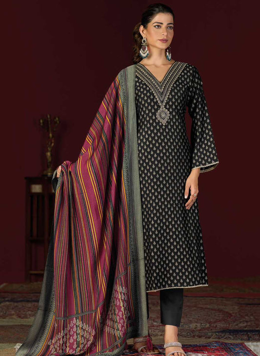 Party Wear Muslin Silk Black Unstitched Suit Set Material with Embroidery