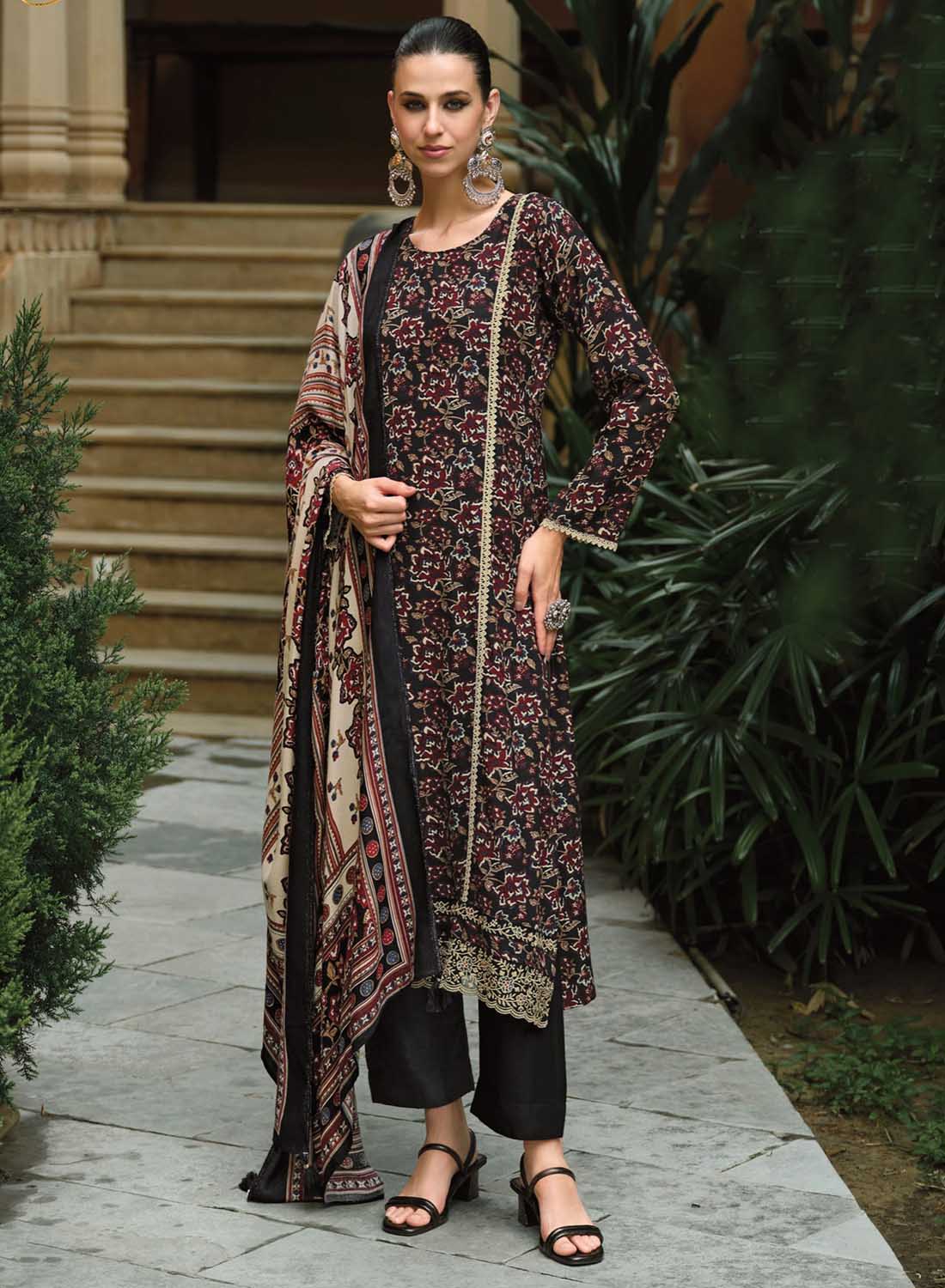 Black Unstitched Pashmina Winter Salwar Suit Set Material with Embroidery