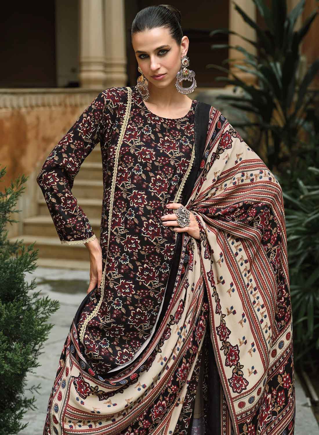 Black Unstitched Pashmina Winter Salwar Suit Set Material with Embroidery