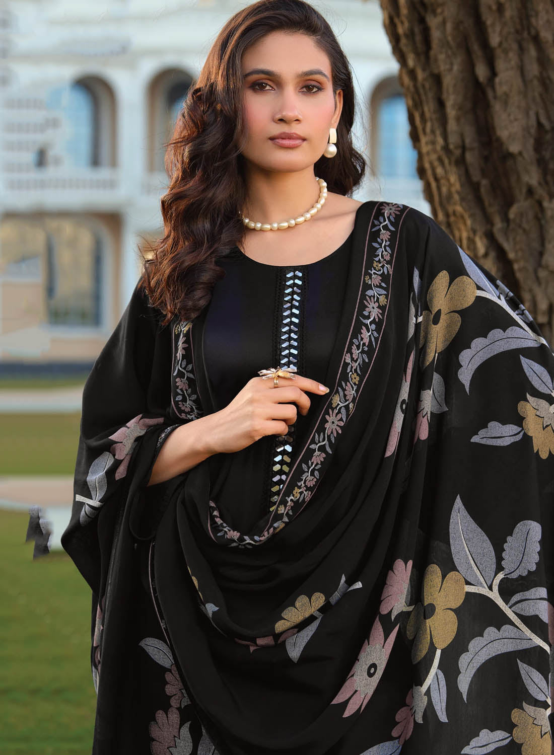 Party Wear Muslin Silk Black Unstitched Salwar Suit Material for Women