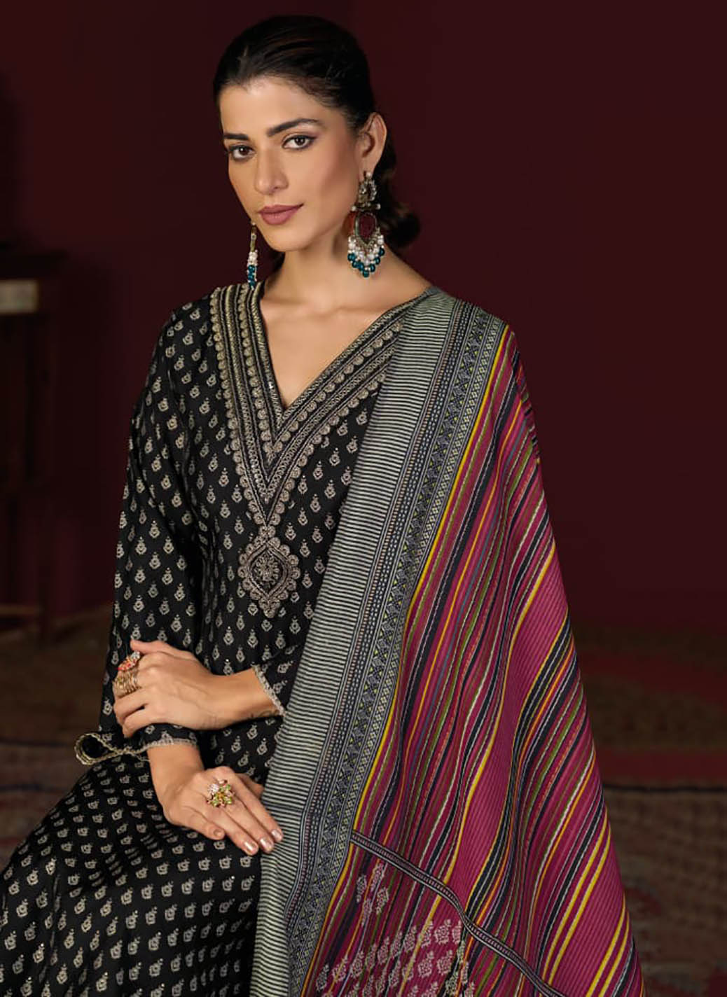 Party Wear Muslin Silk Black Unstitched Suit Set Material with Embroidery