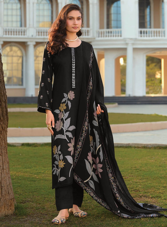 Party Wear Muslin Silk Black Unstitched Salwar Suit Material for Women