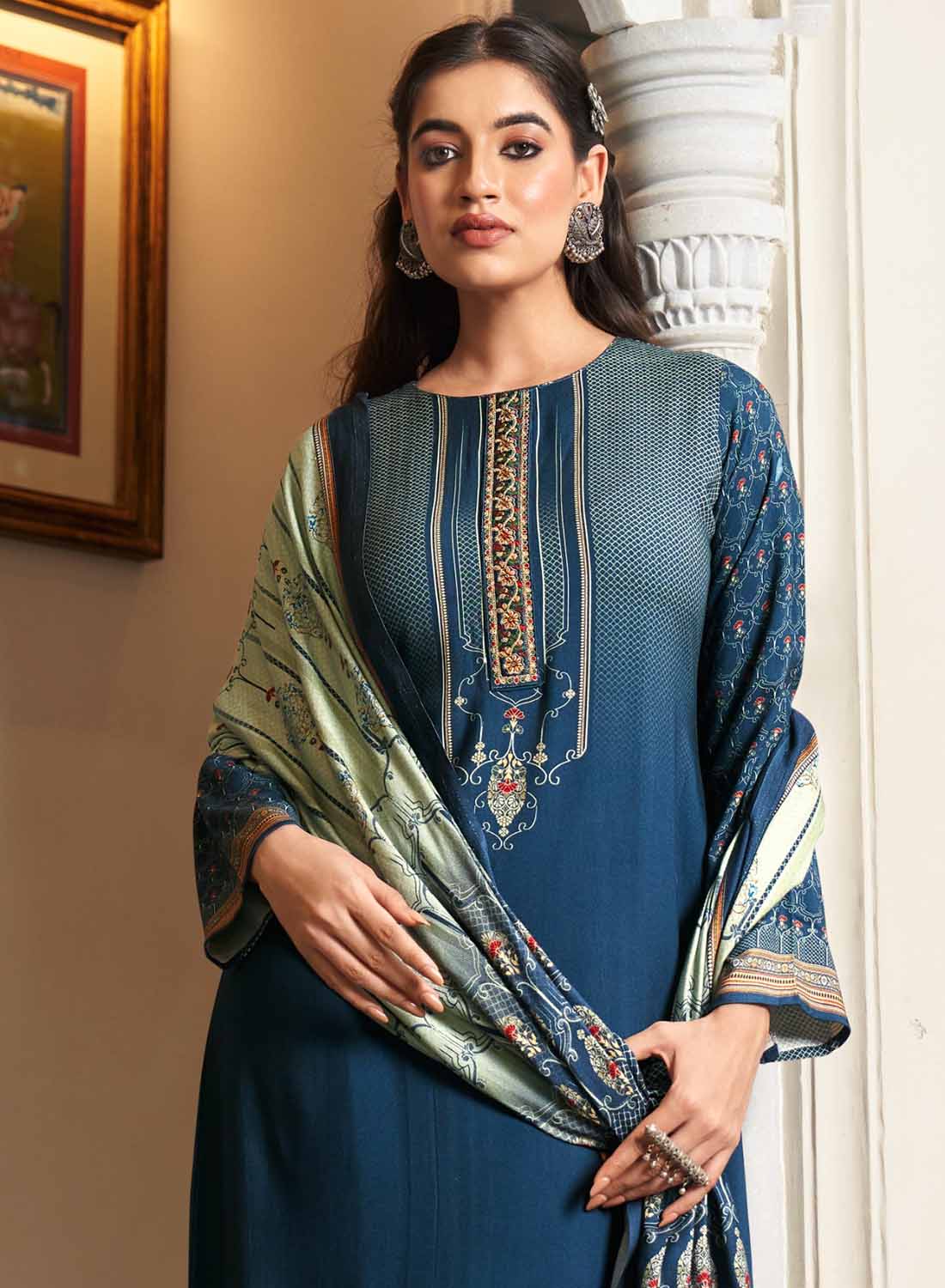 Blue Unstitched Pashmina Winter Salwar Suit Dress Material for Women