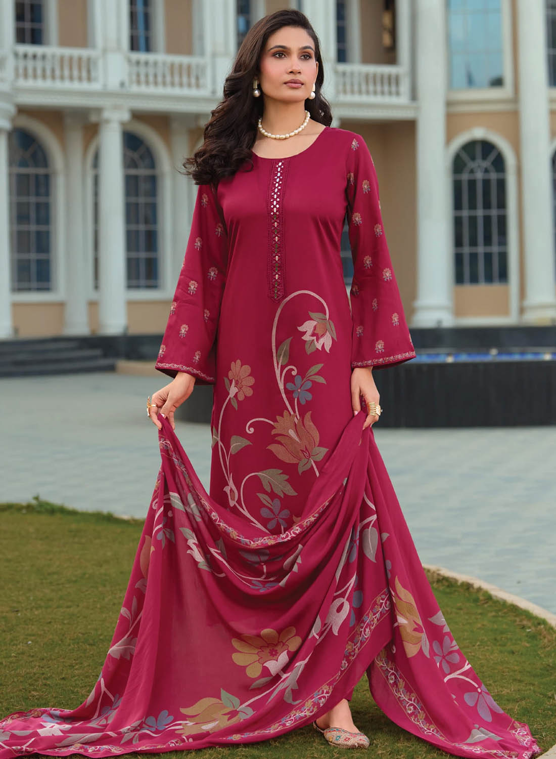 Party Wear Muslin Silk Pink Unstitched Salwar Suit Material for Women