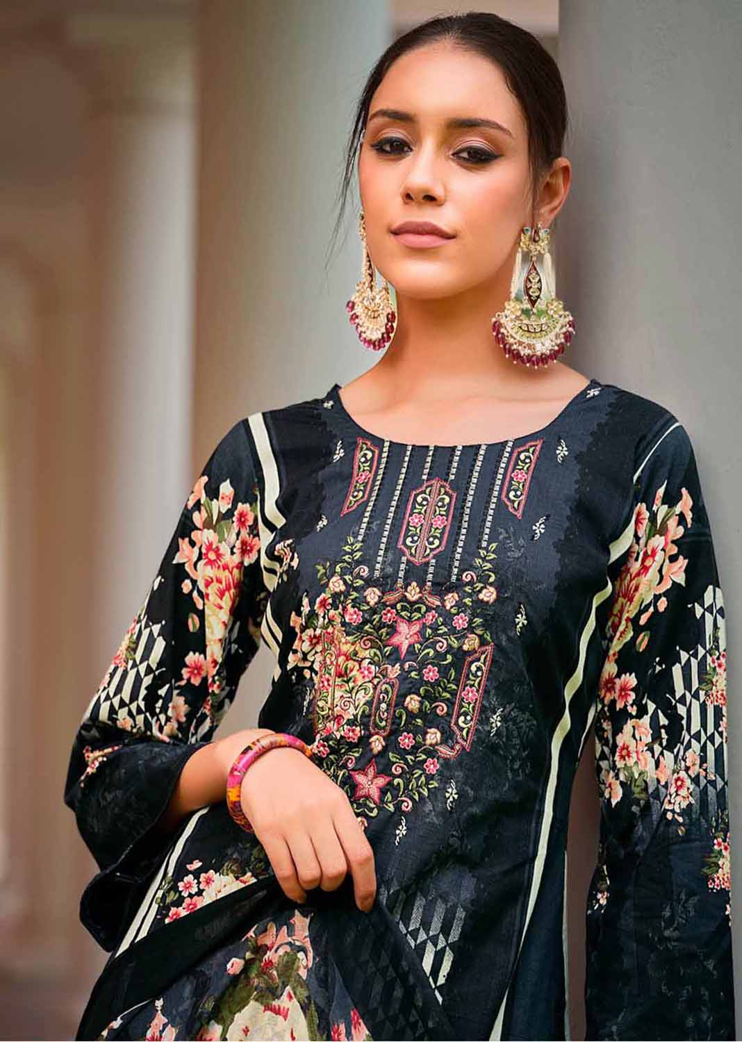 Belliza Pakistani Print Unstitched Women Cotton Salwar Suit Black Belliza