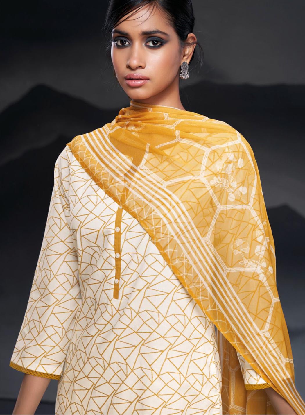 Ganga Yellow Unstitched Cotton Suit Material with Embroidery for Women