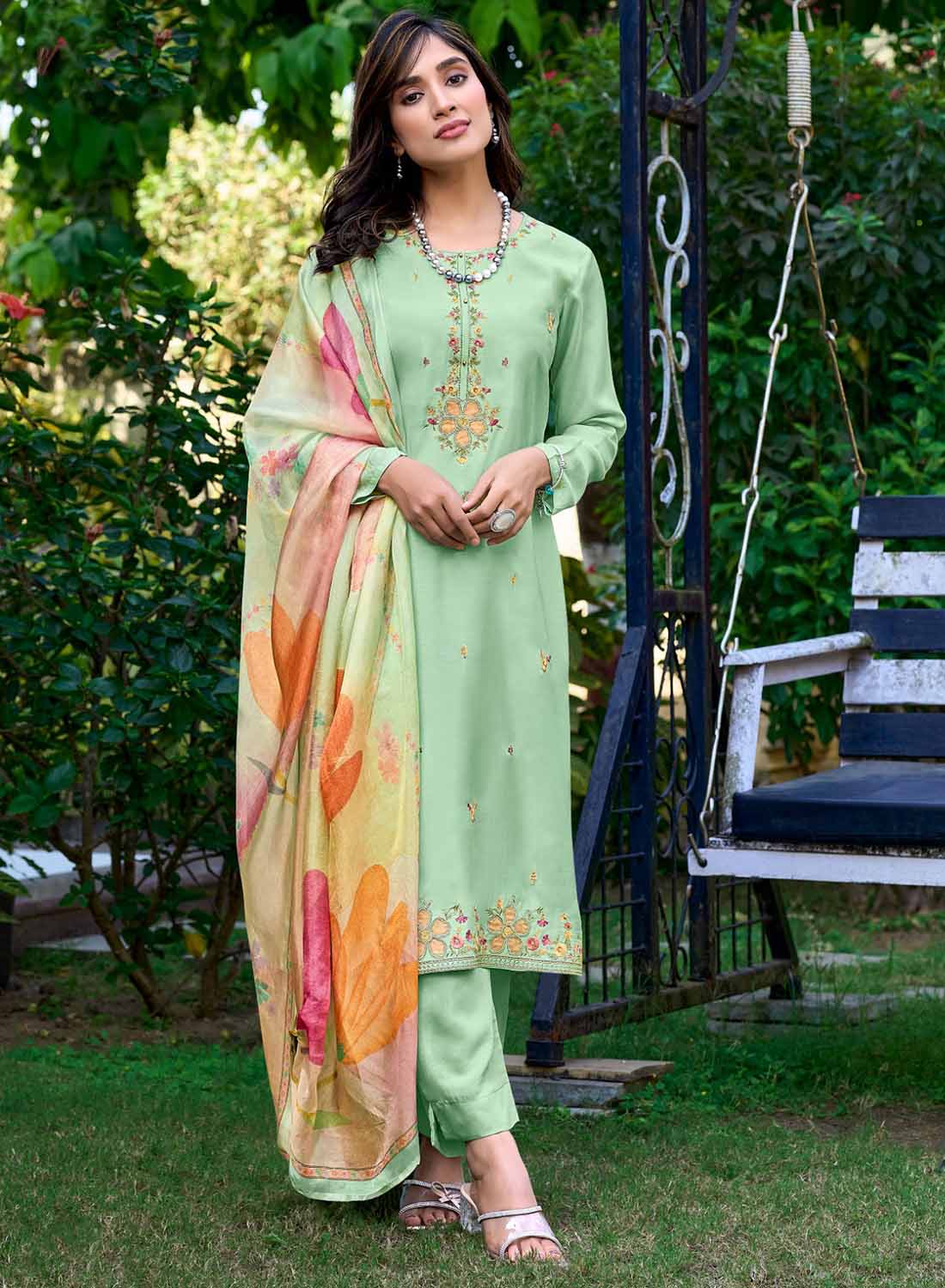 Party Wear Pure Muslin Silk Unstitched Suit Dress Material for Women