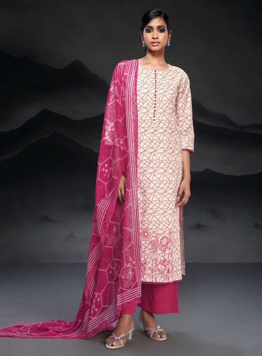 Ganga Pink Unstitched Cotton Suit Material with Dupatta for Women