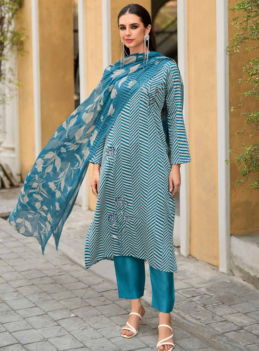 Turquoise Blue Unstitched Cotton Salwar Suit Material with Fancy Work
