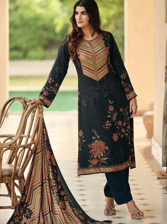 Black Winter Pashmina Unstitched Salwar Suit Set Material for Women