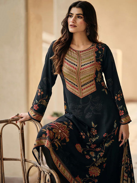 Black Winter Pashmina Unstitched Salwar Suit Set Material for Women