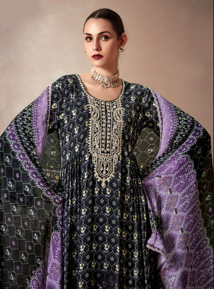 Black Pashmina Unstitched Winter Suit Material with Chinnon Dupatta