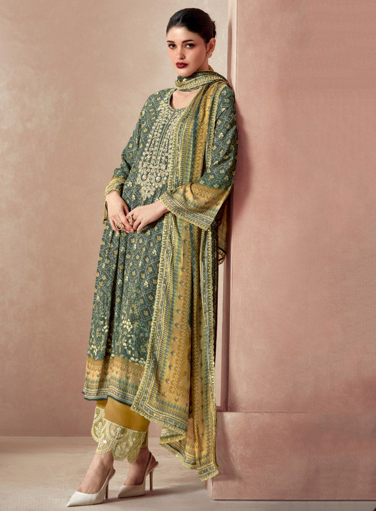 Kimora Pashmina Unstitched Winter Suit Material with Chinnon Dupatta