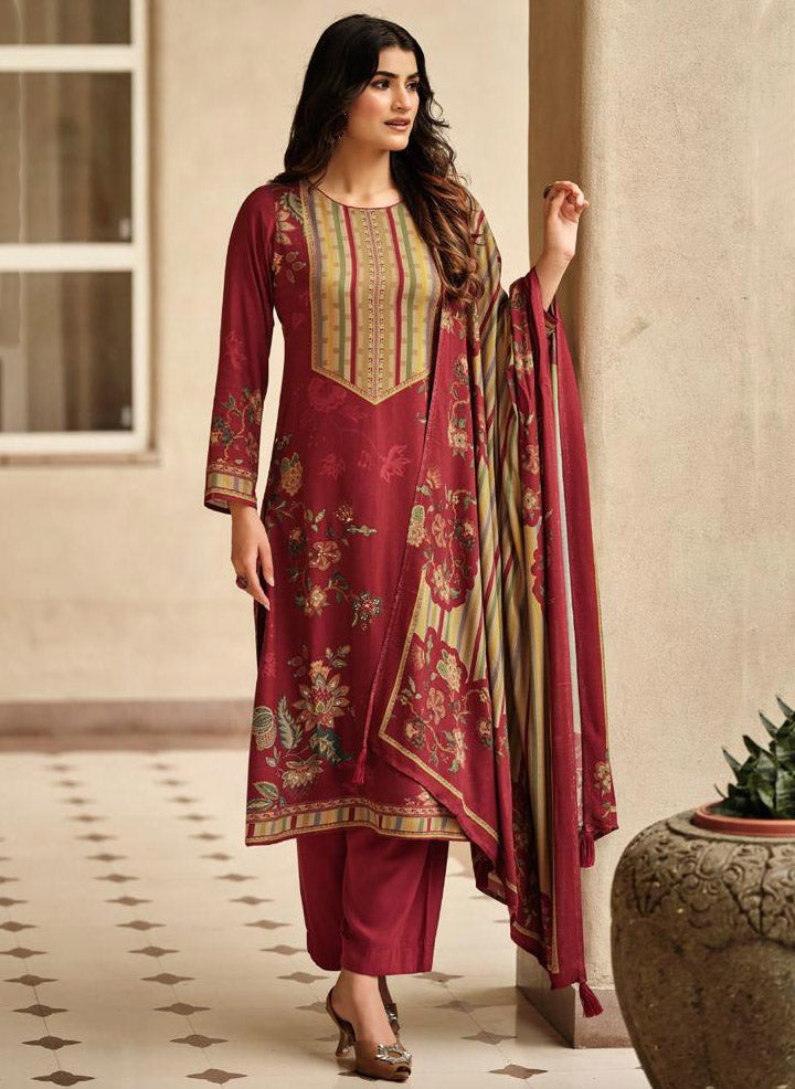 Maroon Winter Pashmina Unstitched Salwar Suit Set Material for Women