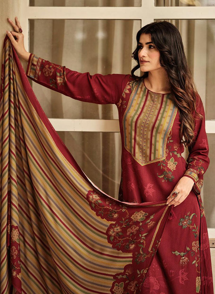 Maroon Winter Pashmina Unstitched Salwar Suit Set Material for Women