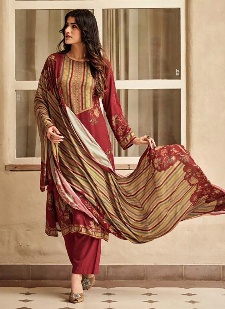 Maroon Winter Pashmina Unstitched Salwar Suit Set Material for Women