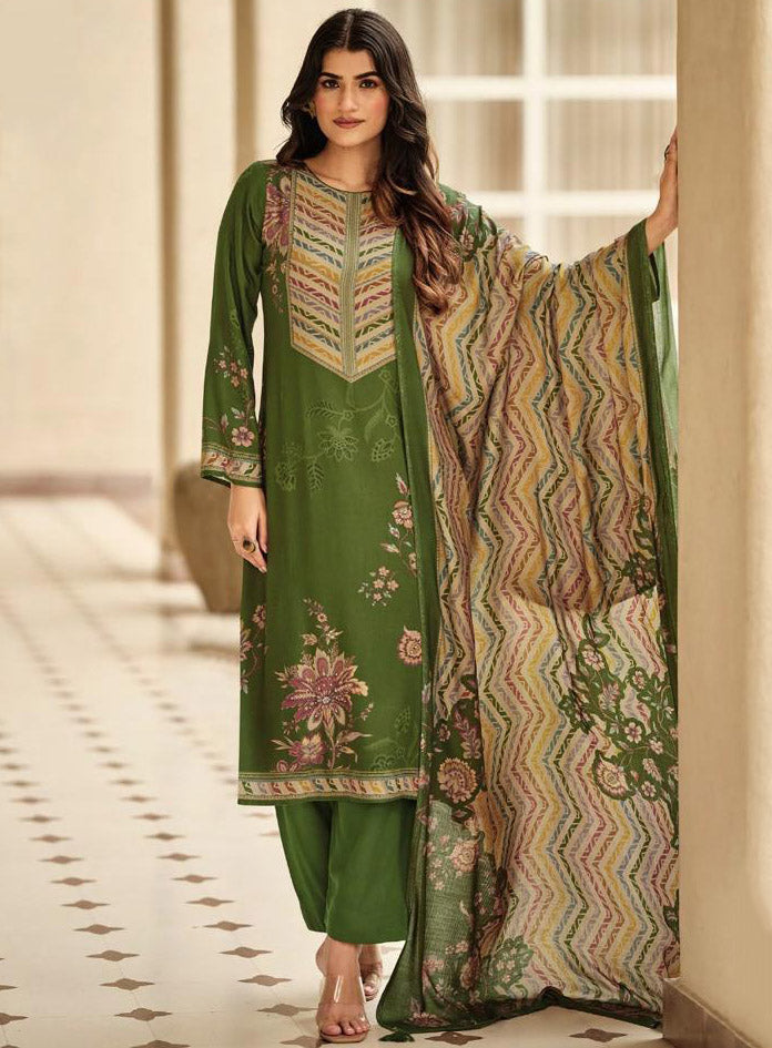 Winter Pashmina Green Unstitched Salwar Suit Set Material for Women
