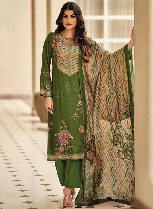 Winter Pashmina Green Unstitched Salwar Suit Set Material for Women