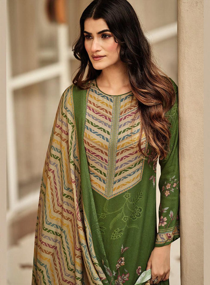 Winter Pashmina Green Unstitched Salwar Suit Set Material for Women