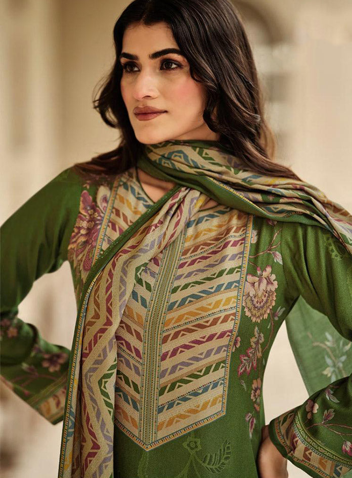 Winter Pashmina Green Unstitched Salwar Suit Set Material for Women