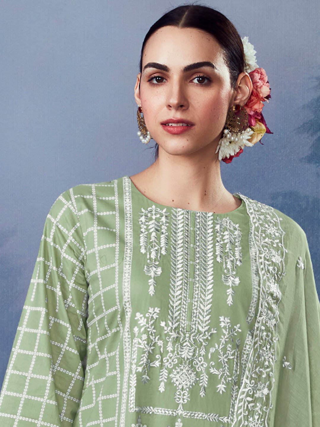 Kimora Unstitched Cotton Suit Set Dress Material Light Green Kimora