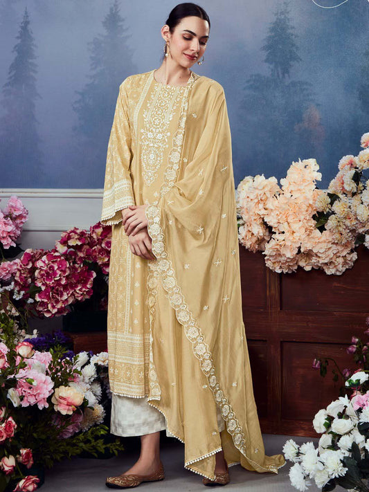 Kimora Unstitched Cotton Suit Set Dress Material Yellow