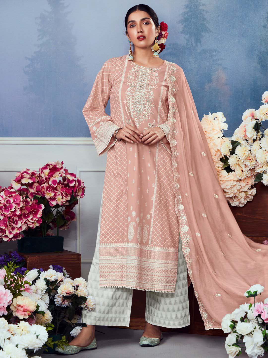Kimora Unstitched Palazzo Cotton Suit Dress Material Peach Kimora