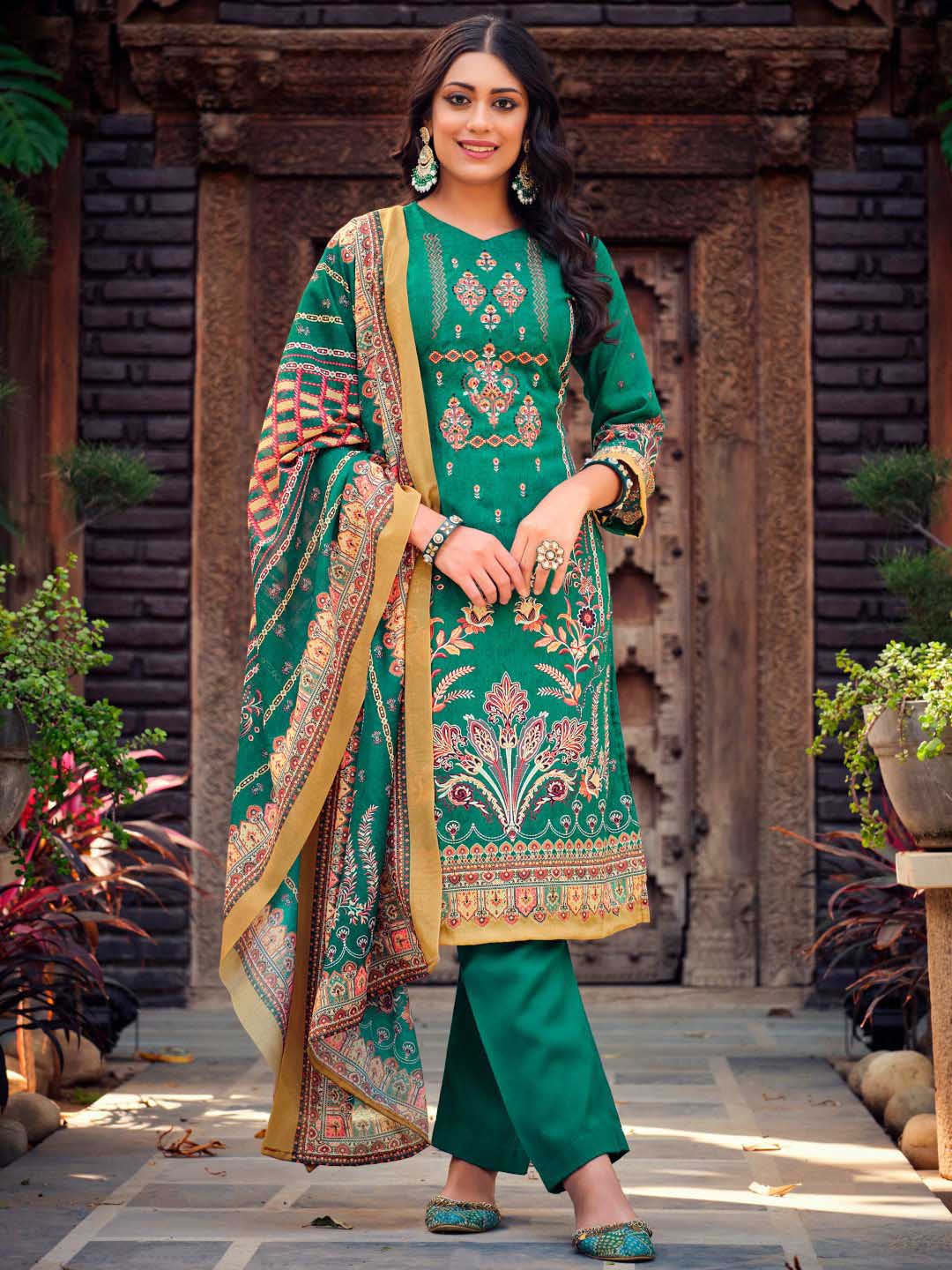 Belliza Unstitched Women Pakistani Print Cotton Suits Set Green Belliza