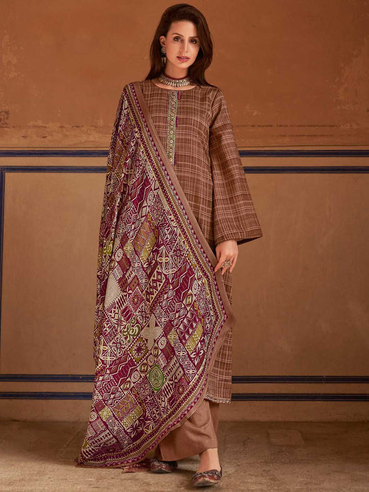 Mumtaz Arts Unstitched Brown Pashmina Winter Suit for Ladies Mumtaz Arts