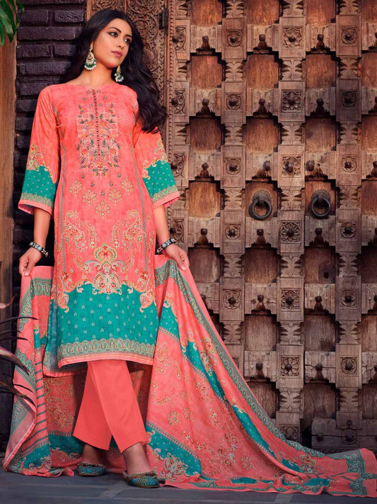 Belliza Unstitched Women Pakistani Print Cotton Suits Coral red Belliza