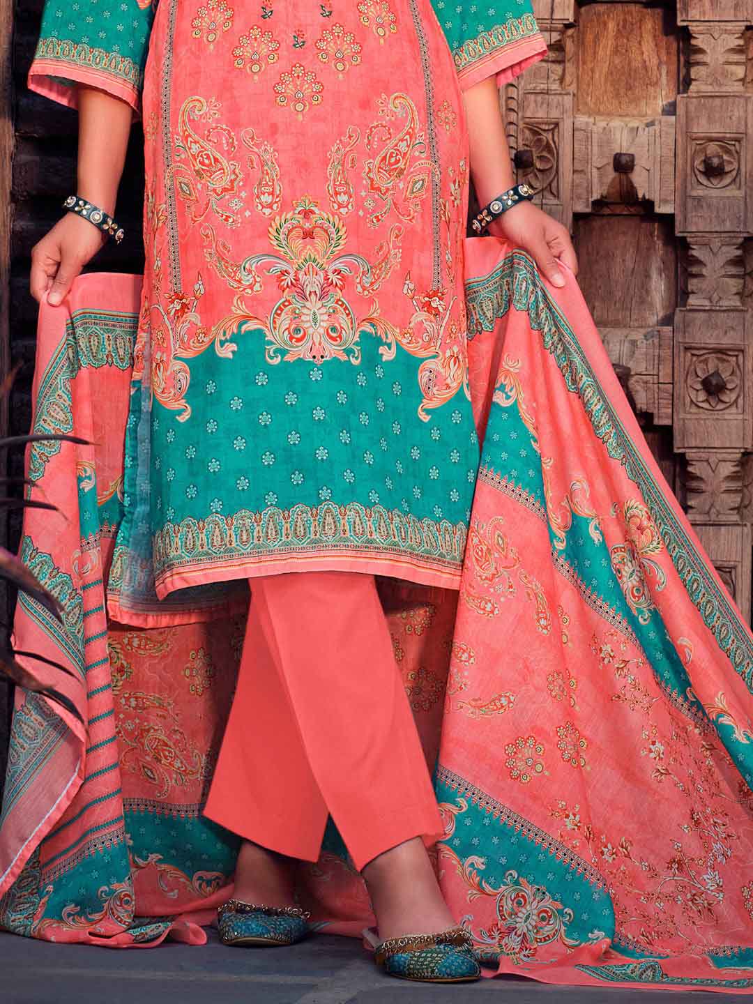 Belliza Unstitched Women Pakistani Print Cotton Suits Coral red Belliza