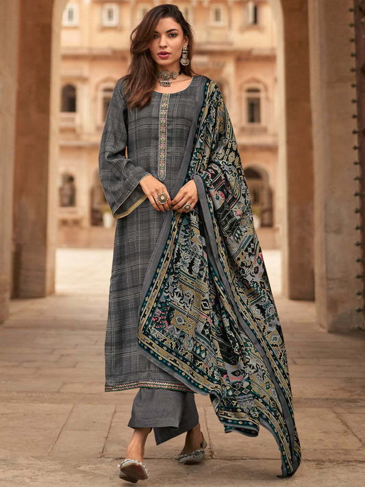 Mumtaz Arts Unstitched Grey Pashmina Winter Suit with Embroidery