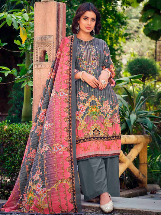 Belliza Unstitched Women Pakistani Print Cotton Suits Set Grey Belliza